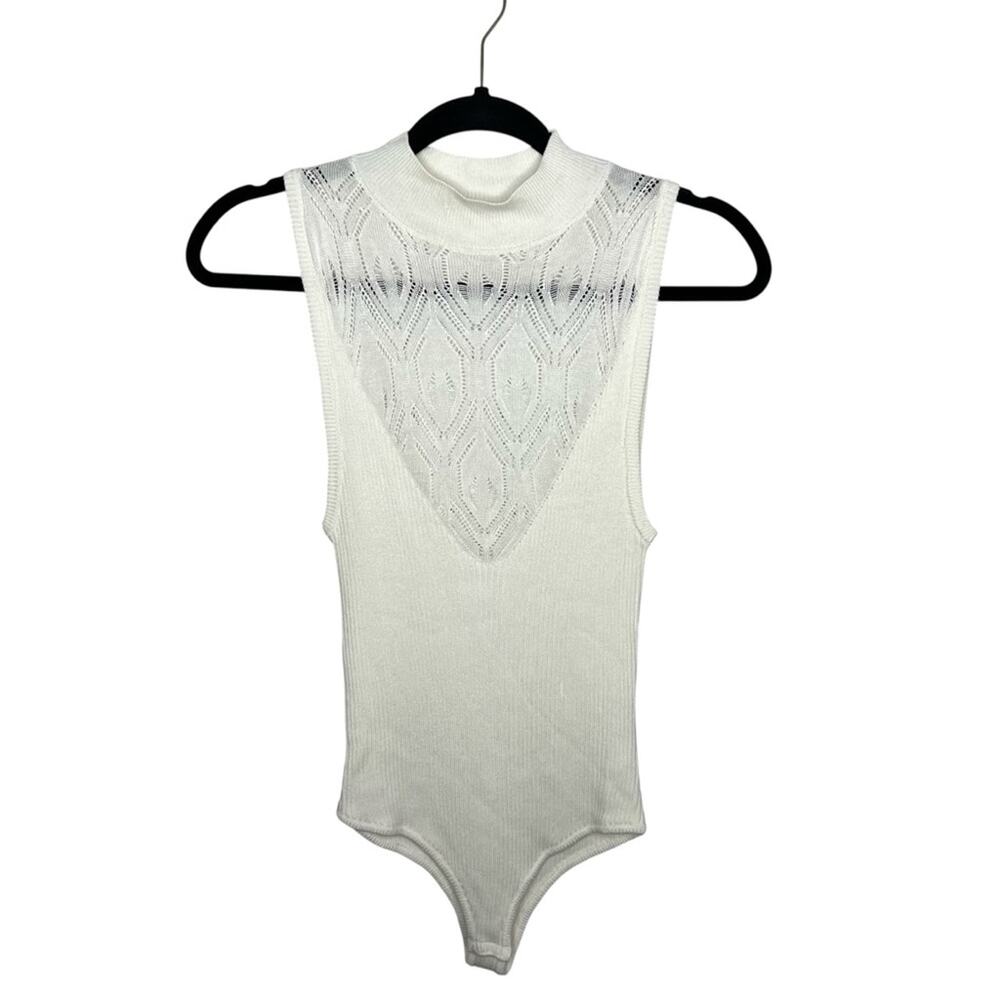 FREE PEOPLE / On Point ribbed knit mock neck lace cream off white bodysuit / S